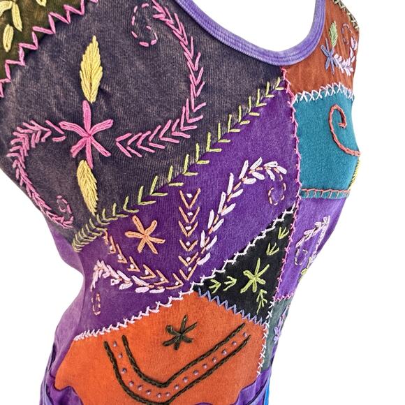 Karma Circle Tank Dress Medium Boho Patchwork Embroidery Hippie Festival Stretch - Picture 6 of 14